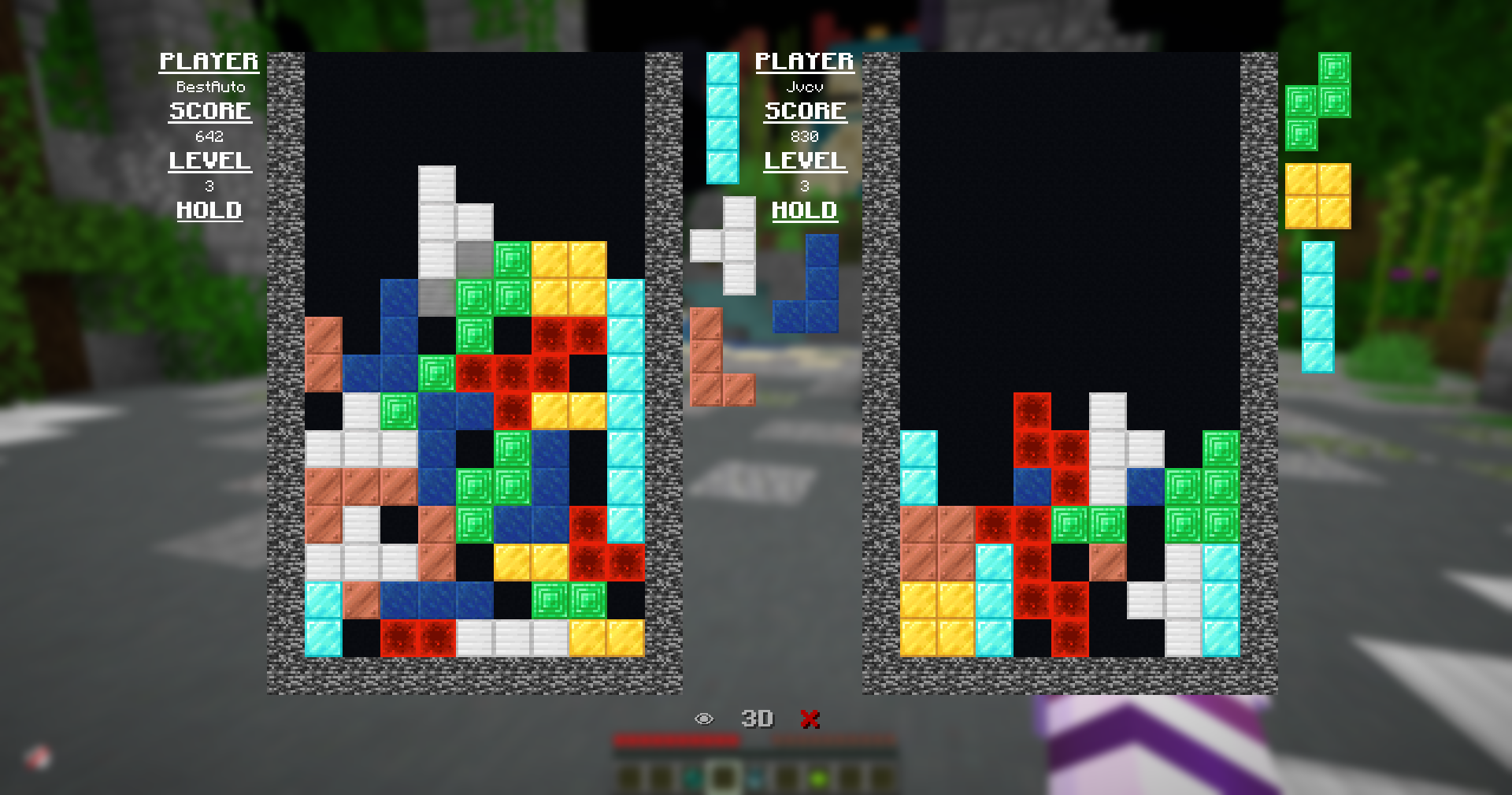 NoRisk Client minigames: two players competing in a Tetris match directly inside Minecraft – multiplayer game with score and level display.
